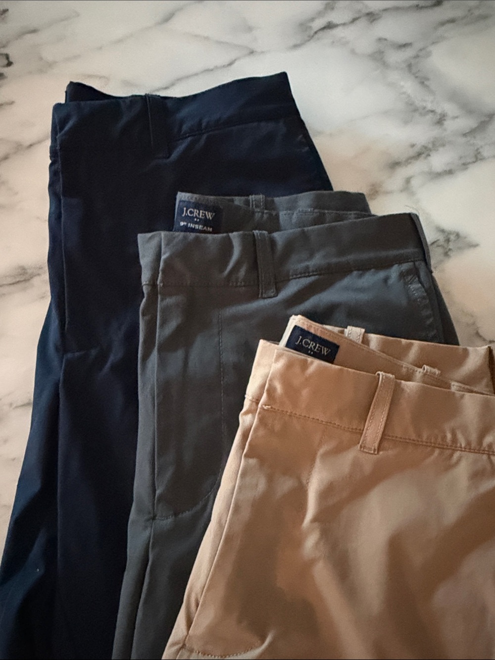 J. Crew Three-Pack Men’s Chino Pants in Navy, Gray, and Khaki tech fit 9” 29